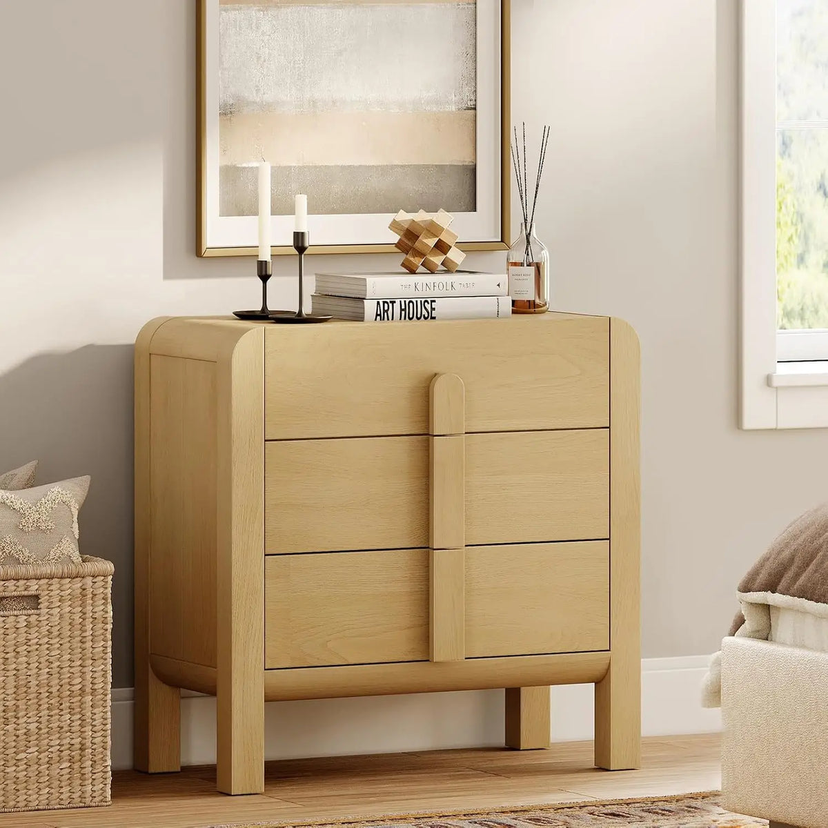Dresden Collection | Organic-Form Brass-Accented White Oak Dresser - highlighting material texture and craftsmanship detail in a Mid-Century Modern bedroom setting.