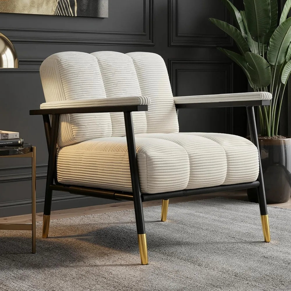 Valencia Collection | Sculptural Chrome-Detailed Corduroy & Chrome Accent Chair - featuring close-up joinery and artisanal finish quality in a Mid-Century Modern living room setting.
