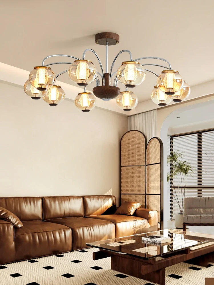 Dresden Collection | Atomic-Era Walnut Pendant - presented at scale within a designed interior in a Mid-Century Modern living room setting.