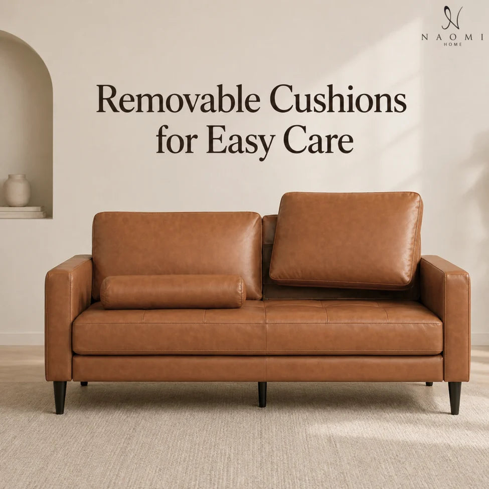 Marisa Genuine Leather Mid-Century Modern Sofa, Removable Cushions, Matching Bolster Pillows, Plush Foam Comfort, Sturdy Hardwood Frame, Spacious 3-Seater Seating, Tan