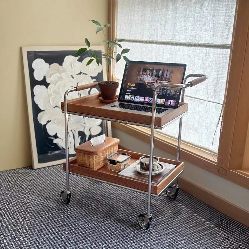 Belmont Collection | Geometric Atomic-Era Solid Walnut Rolling Tea Cart - presented at scale within a designed interior in a Mid-Century Modern living room setting.