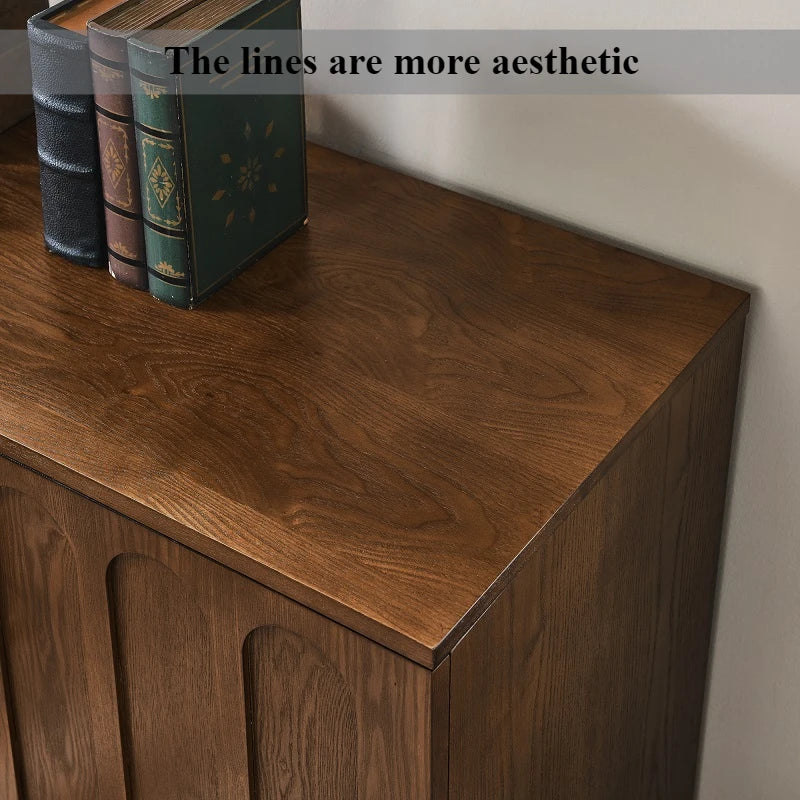 Fontaine Collection | Geometric Brass-Accented Walnut Cabinet - presented at scale within a designed interior in a Mid-Century Modern living room setting.