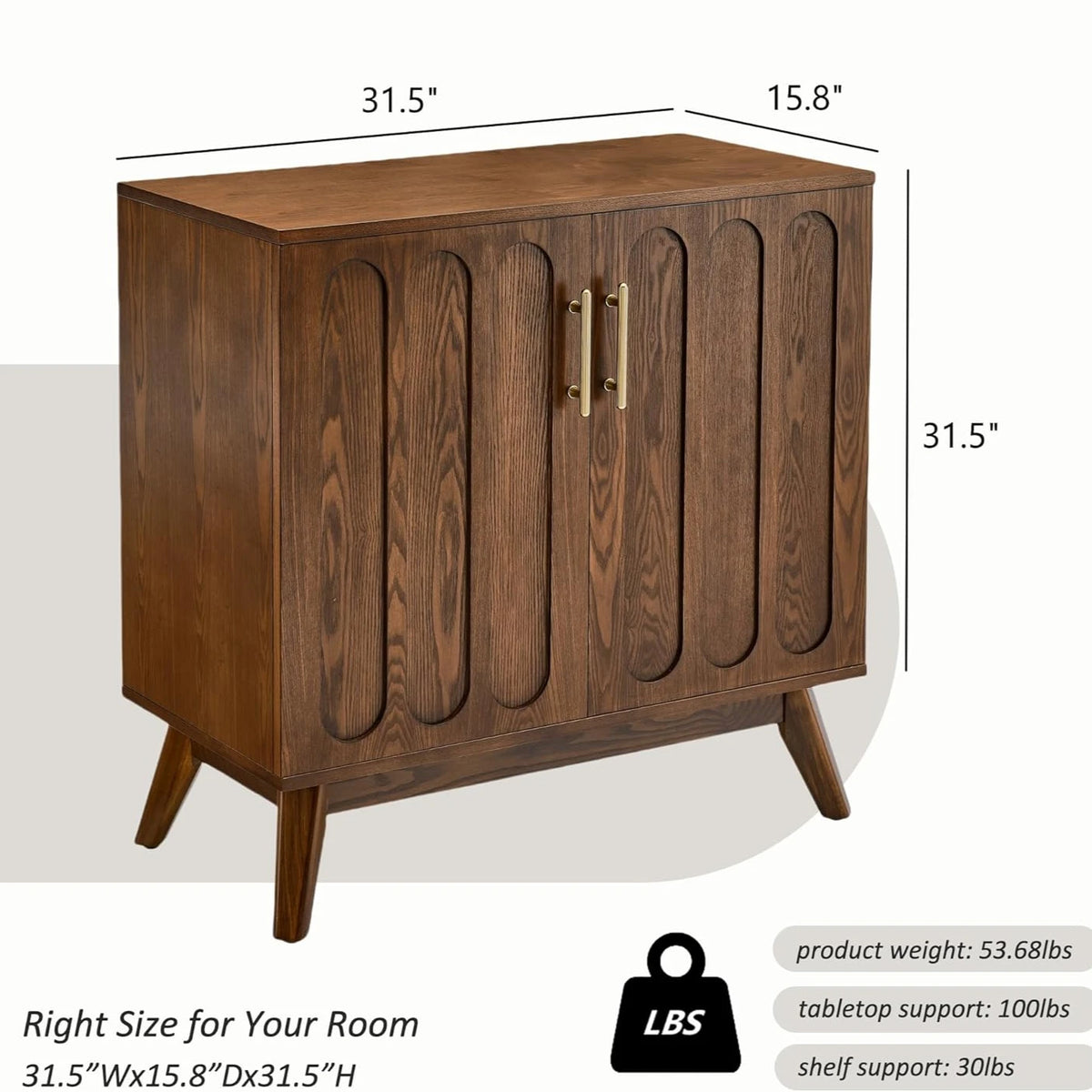 Fontaine Collection | Geometric Brass-Accented Walnut Cabinet - revealing tonal warmth and surface patina under ambient light in a Mid-Century Modern living room setting.