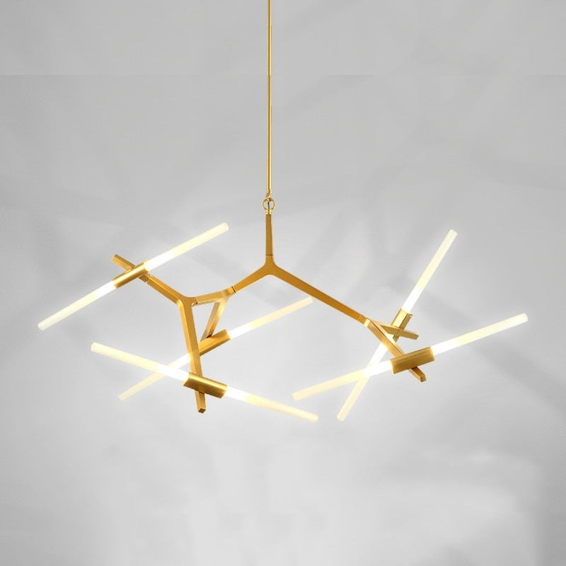 Ellington Collection | Geometric Atomic-Era Herringbone Branch Chandelier - highlighting material texture and craftsmanship detail in a Mid-Century Modern living room setting.