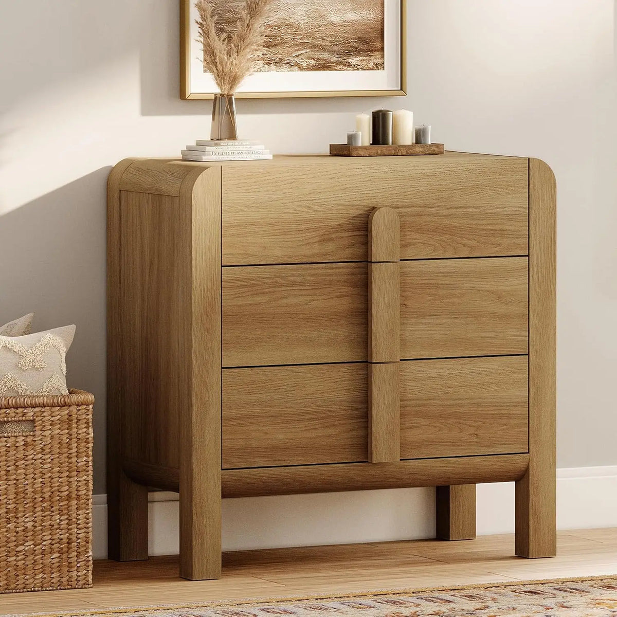 Dresden Collection | Organic-Form Brass-Accented White Oak Dresser - showcasing form and function in daily use context in a Mid-Century Modern bedroom setting.