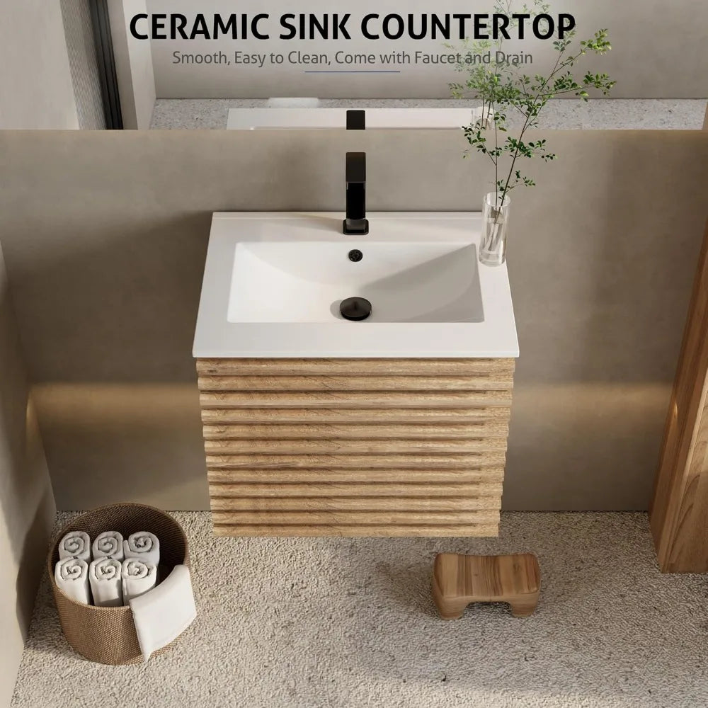 Dresden Collection | Floating California Floating Walnut Vanity - revealing tonal warmth and surface patina under ambient light in a Mid-Century Modern bathroom setting.