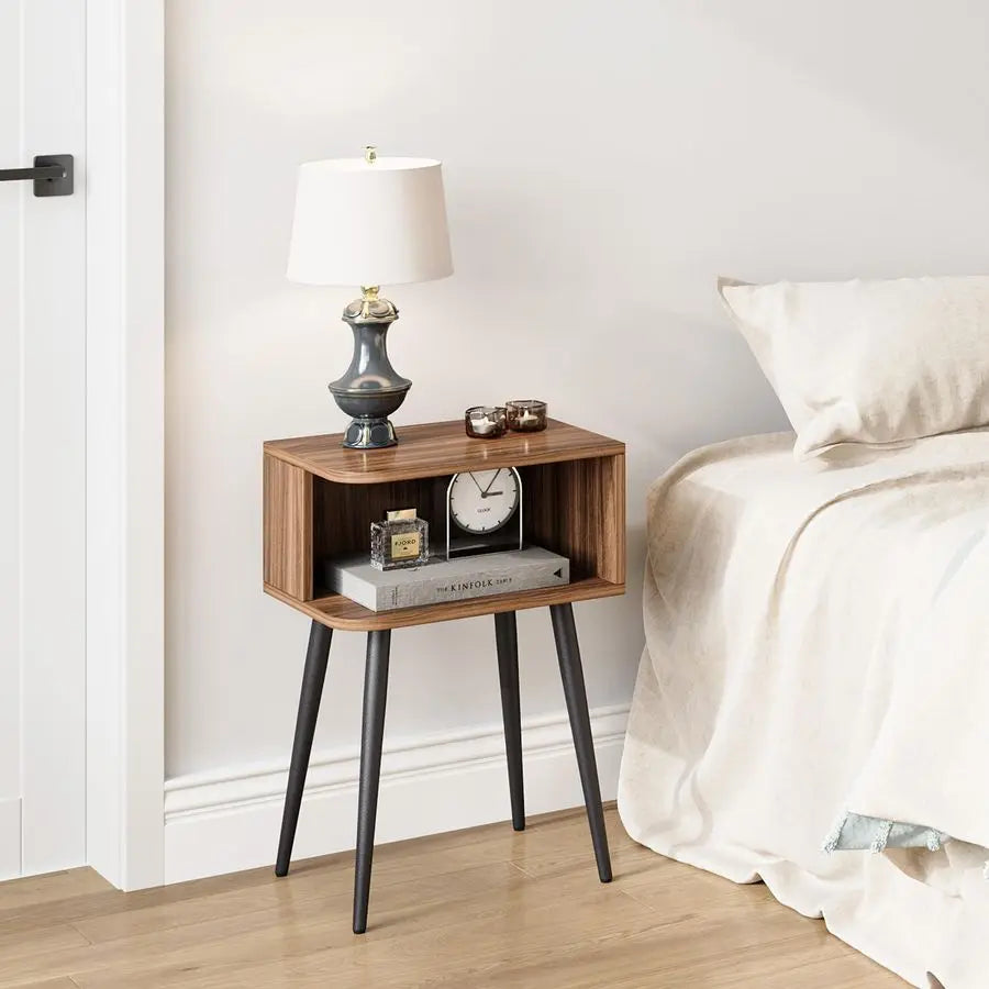 Cordoba Collection | Low-Profile Brass-Accented Walnut Nightstands - Set of 2 - featuring close-up joinery and artisanal finish quality in a Mid-Century Modern bedroom setting.