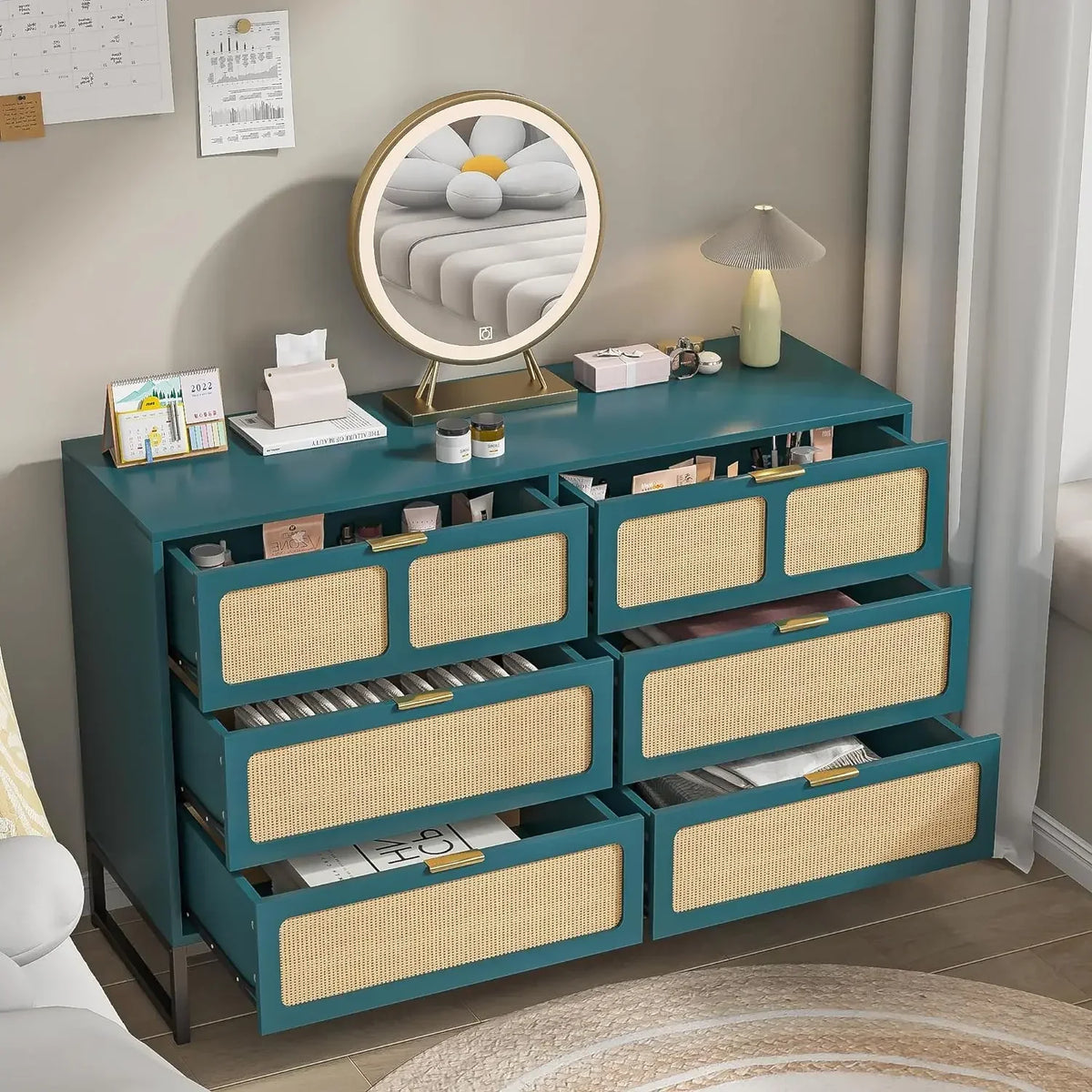 Belmont Collection | Tapered-Leg Brass-Accented Walnut Six-Drawer Dresser - demonstrating proportional harmony within the collection in a Mid-Century Modern bedroom setting.