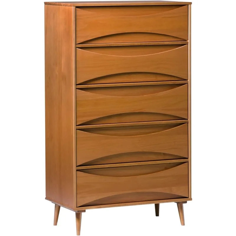 Dresden Collection | Geometric Brass-Accented Caramel-Finished Solid Wood Dresser - highlighting material texture and craftsmanship detail in a Mid-Century Modern bedroom setting.