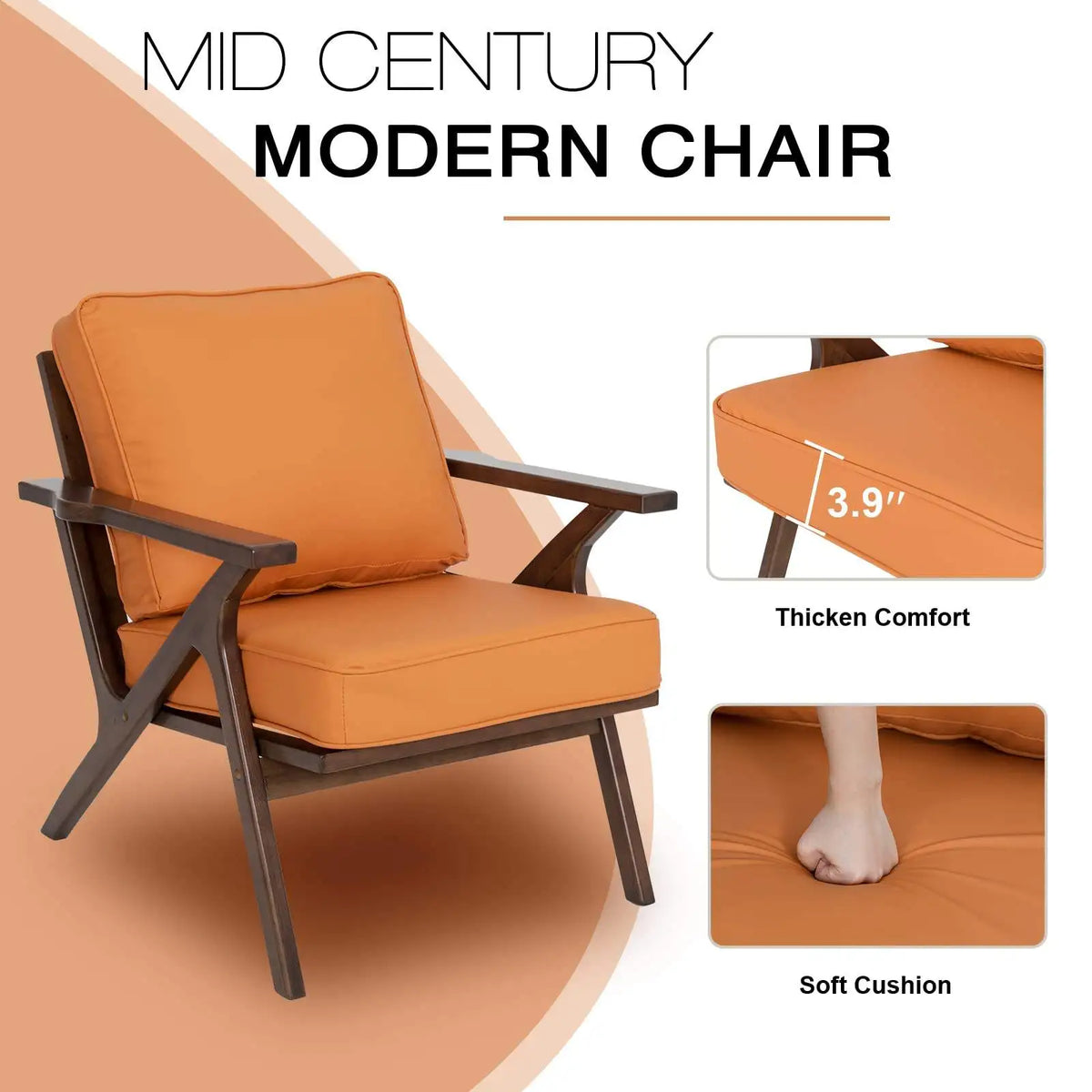 Dresden Collection | Tapered-Leg Leather-Wrapped Cognac Leather Accent Chair - featuring close-up joinery and artisanal finish quality in a Mid-Century Modern living room setting.