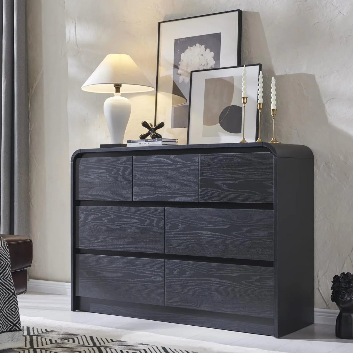 Valencia Collection | Sculptural Curved Curved Walnut Dresser - demonstrating proportional harmony within the collection in a Mid-Century Modern bedroom setting.