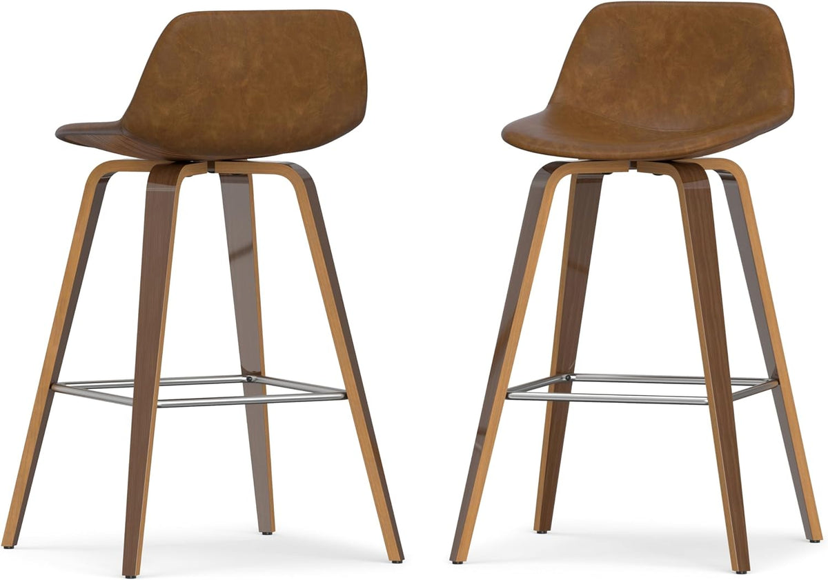 SIMPLIHOME Raya 24" Seat Height Vegan Leather Counter Stool (Set of 2) | Aqua Blue, Mid-Century Counter Stools with Curved Backrest and Footrest; Upholstered Kitchen or Bar Seating.