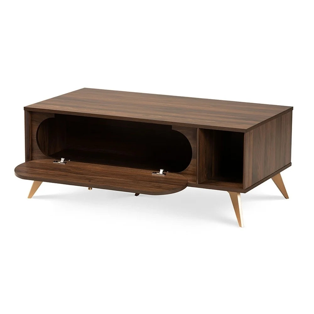 Edel Mid-Century Modern Walnut Brown and Gold Finished Wood Coffee Table