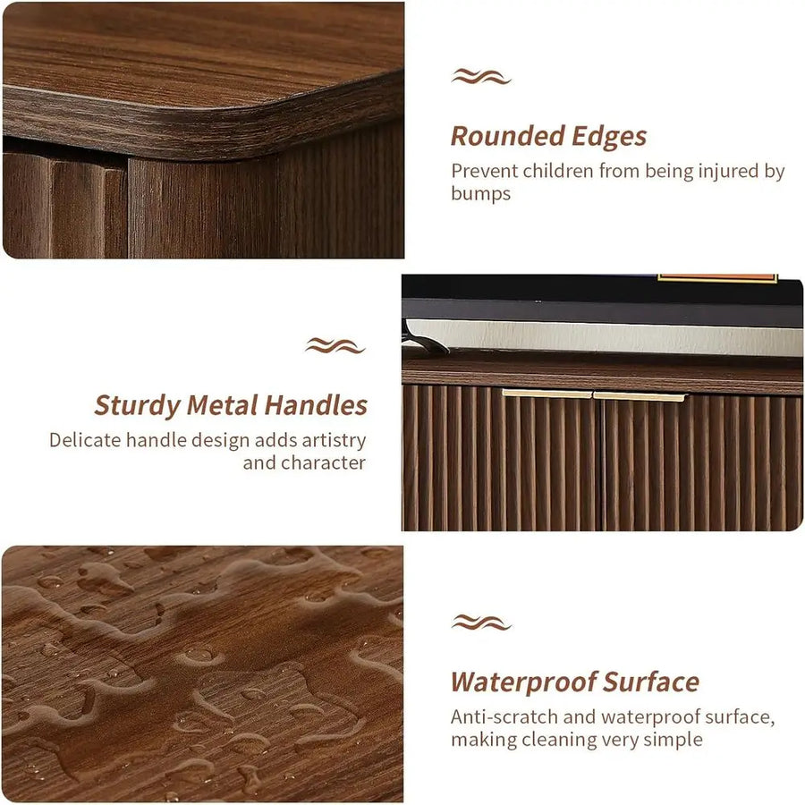 Dresden Collection | Fluted Atomic-Era Walnut Credenza - showcasing full sculptural form and curated finish in a Mid-Century Modern living room setting.