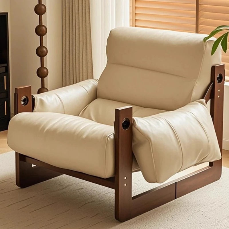 Ellington Collection | Glass-Topped Atomic-Era Cognac Leather Lounge - styled from an alternate angle revealing dimensional depth in a Mid-Century Modern living room setting.