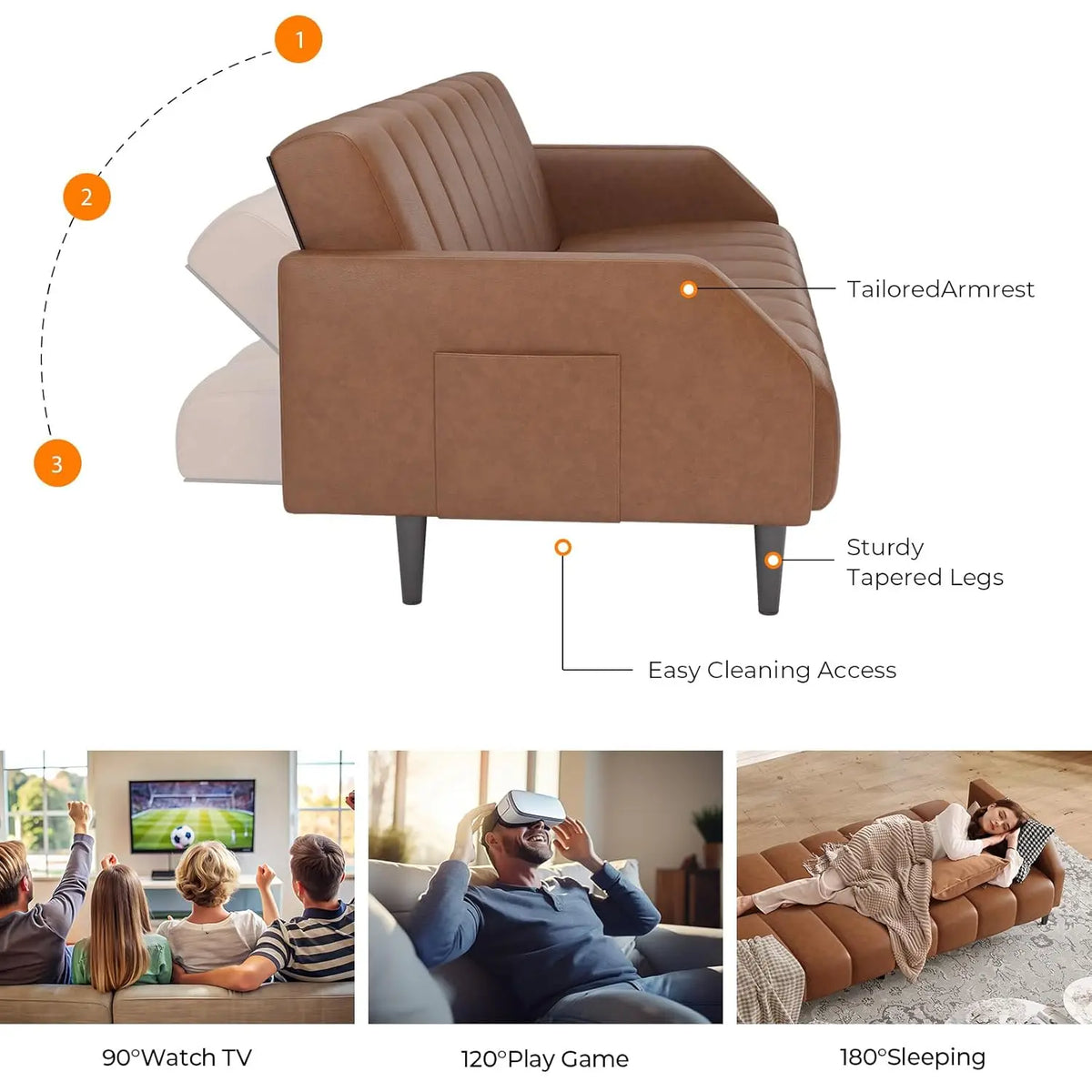 Belmont Collection | Streamlined Leather-Wrapped Convertible in Luxe Faux Leather - detail view 16 revealing design nuance in a Mid-Century Modern living room setting.