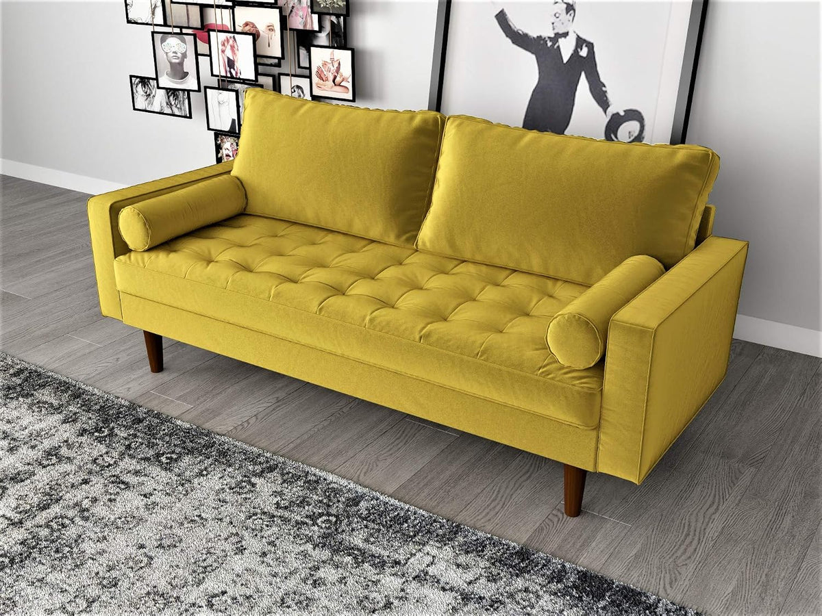 Womble Mid Century Modern Velvet Upholstered Tufted Seat with Bolster Pillows, Loveseat, Sofa, Goldenrod