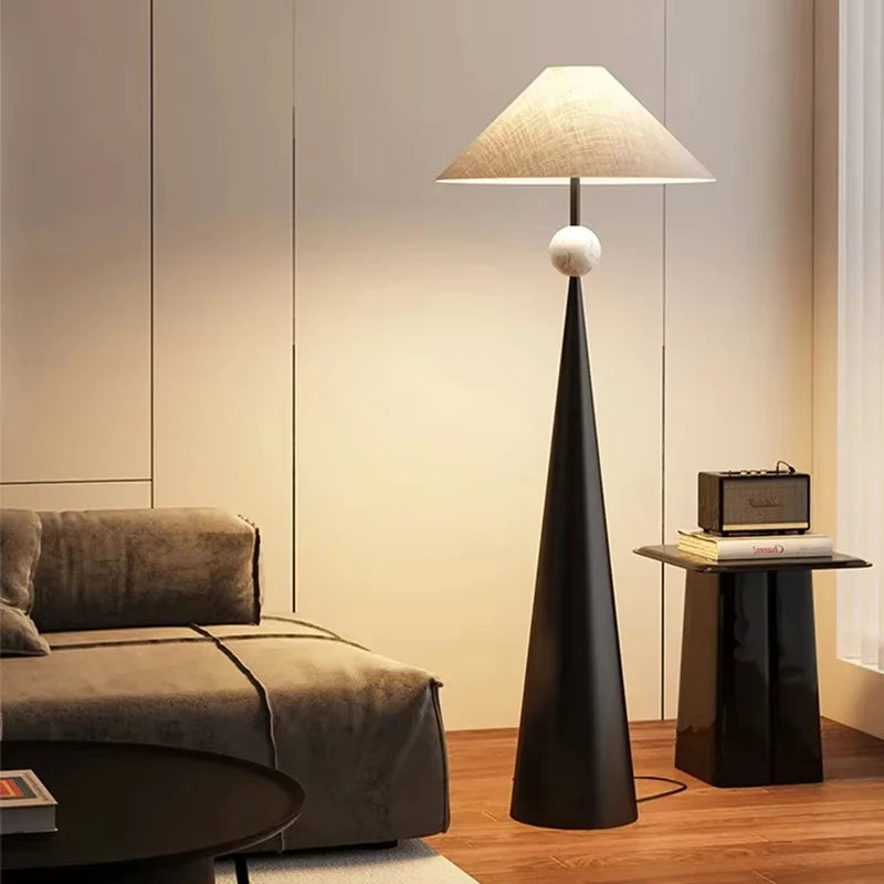 Dresden Collection | Sculptural Atomic-Era Walnut Floor Lamp - exhibiting shadow play and geometric silhouette detail in a Mid-Century Modern living room setting.