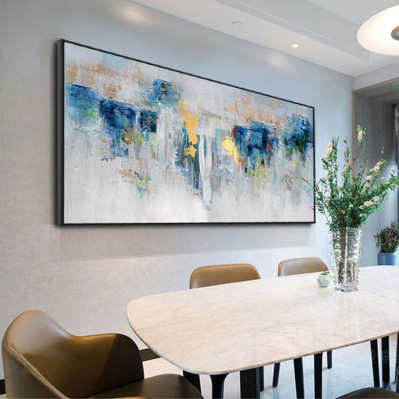 Mid-Century Modern Blue and Gold Handmade Oil Painting - Elegant Canvas Wall Art