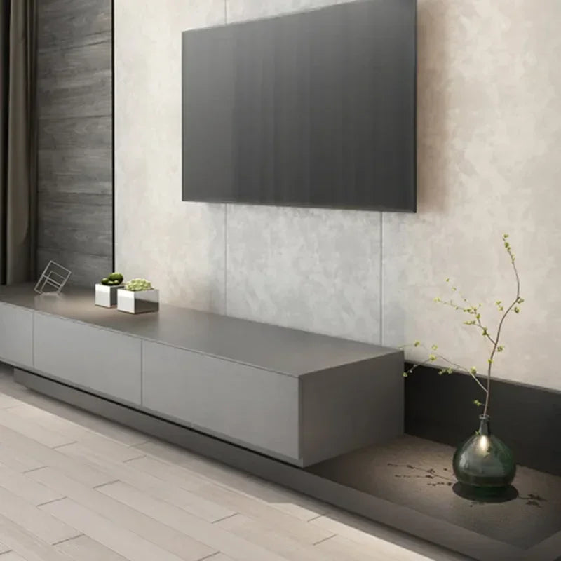 Belmont Collection | Floating Brass-Accented Walnut Floating Media Console - styled from an alternate angle revealing dimensional depth in a Mid-Century Modern entryway setting.
