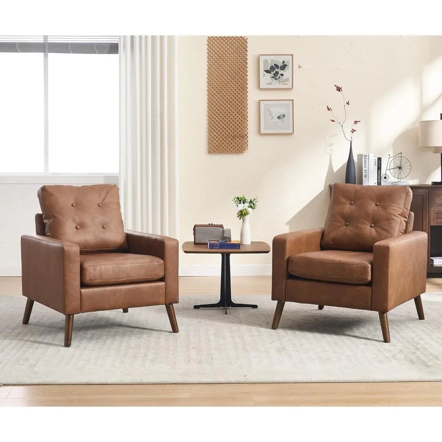 Aspen Collection | Arched Leather-Wrapped Caramel Leather Armchair - showcasing full sculptural form and curated finish in a Mid-Century Modern living room setting.