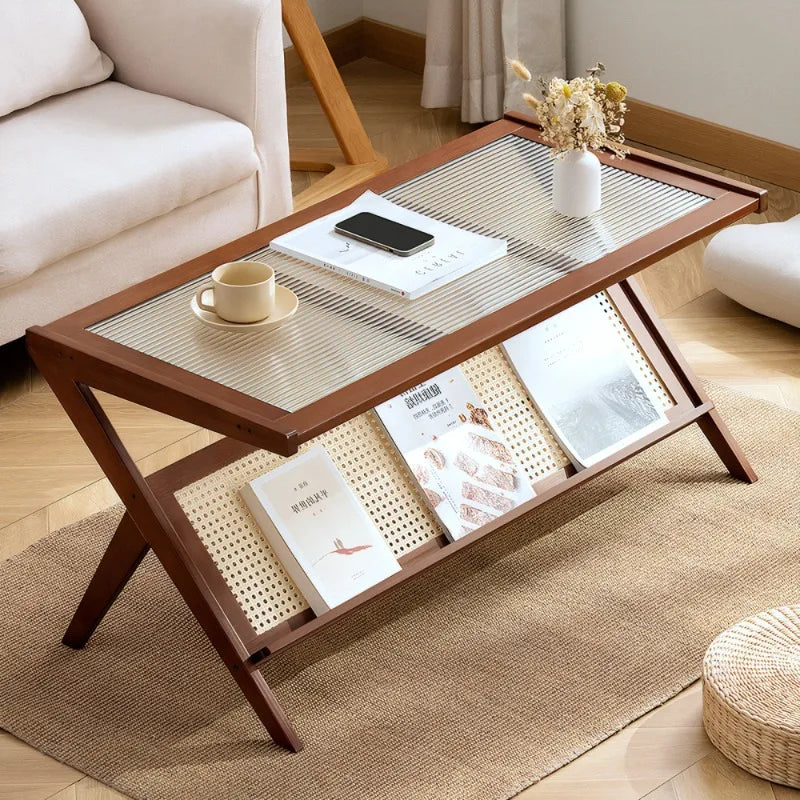 Belmont Collection | Sculptural Glass-Top Rattan & Glass Coffee Table - styled from an alternate angle revealing dimensional depth in a Mid-Century Modern living room setting.