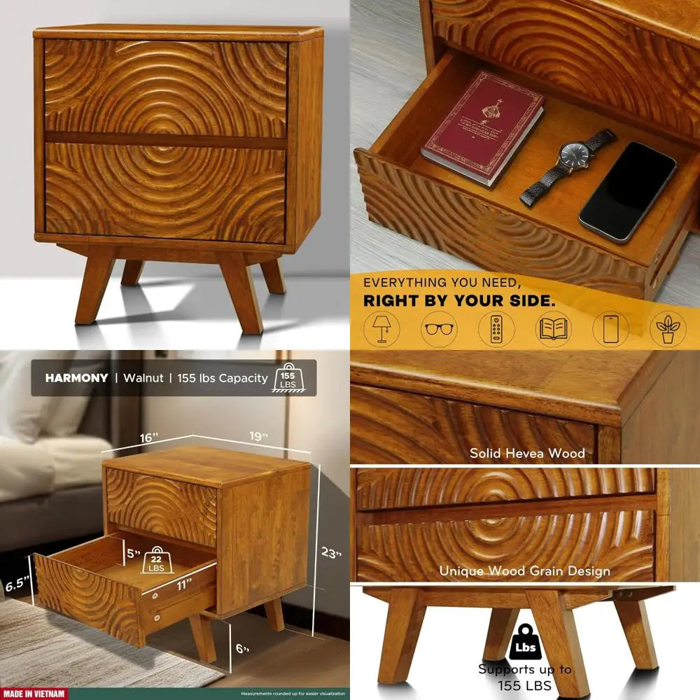 Cordoba Collection | Sculptural Atomic-Era Caramel Acacia Nightstand - featuring close-up joinery and artisanal finish quality in a Mid-Century Modern bedroom setting.