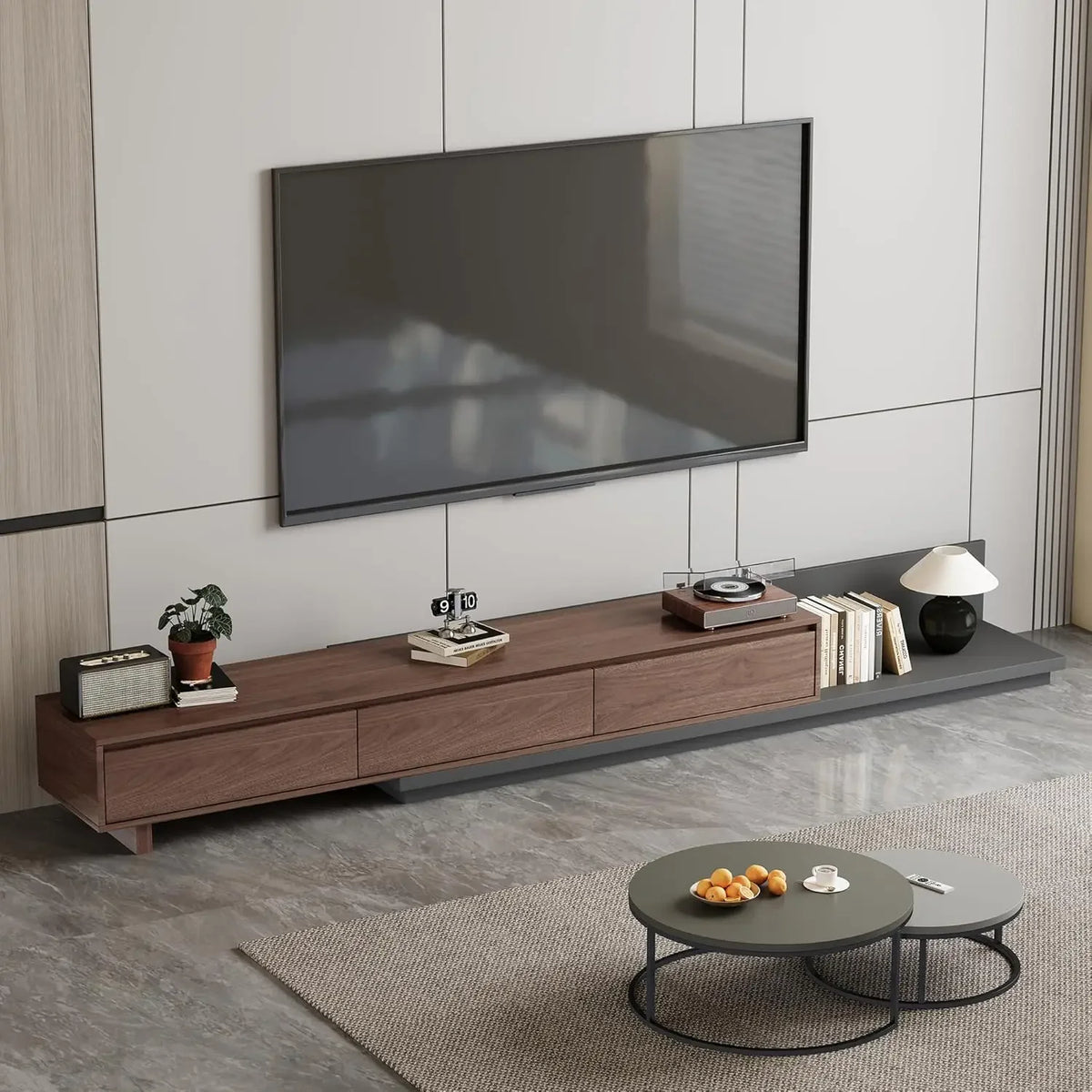 Fontaine Collection | Grand Brass-Accented Walnut Media Console - featuring close-up joinery and artisanal finish quality in a Mid-Century Modern entryway setting.