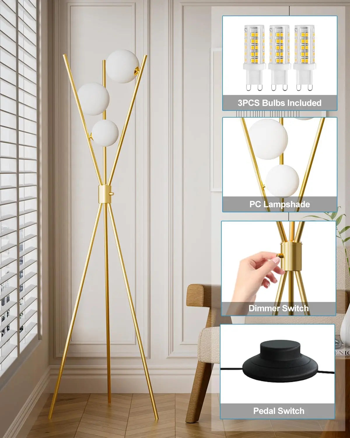 Ellington Collection | Hairpin-Legged Brass-Accented Brushed Brass Tripod - featuring close-up joinery and artisanal finish quality in a Mid-Century Modern living room setting.
