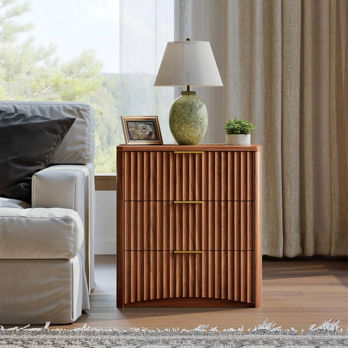 Dresden Collection | Atomic-Era Drawer Fluted Walnut Nightstand - revealing tonal warmth and surface patina under ambient light in a Mid-Century Modern bedroom setting.