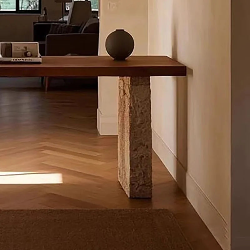 Fontaine Collection | Tapered-Leg Japanese-Inspired Wabi-Sabi Console - styled from an alternate angle revealing dimensional depth in a Mid-Century Modern entryway setting.