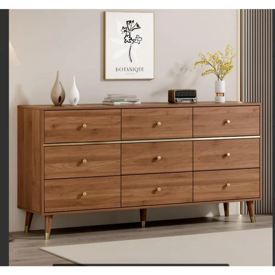 Belmont Collection | Brass-Accented Drawer Walnut 9-Drawer Dresser - showcasing full sculptural form and curated finish in a Mid-Century Modern bedroom setting.