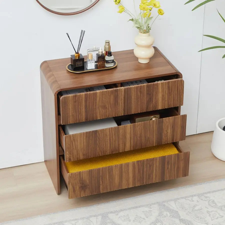 Fontaine Collection | Sculptural Brass-Accented Walnut 3-Drawer Dresser - showcasing full sculptural form and curated finish in a Mid-Century Modern bedroom setting.