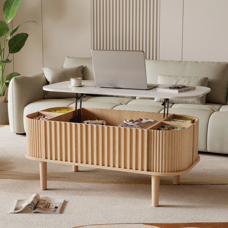 Dresden Collection | Hairpin-Legged Brass-Accented Walnut Lift-Top Table - showcasing full sculptural form and curated finish in a Mid-Century Modern living room setting.