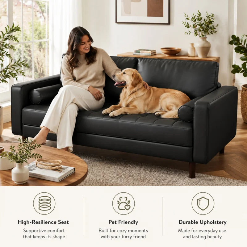 Bridgeview Leather Mid Century Modern Upholstered Square Arm Sofa or Loveseat