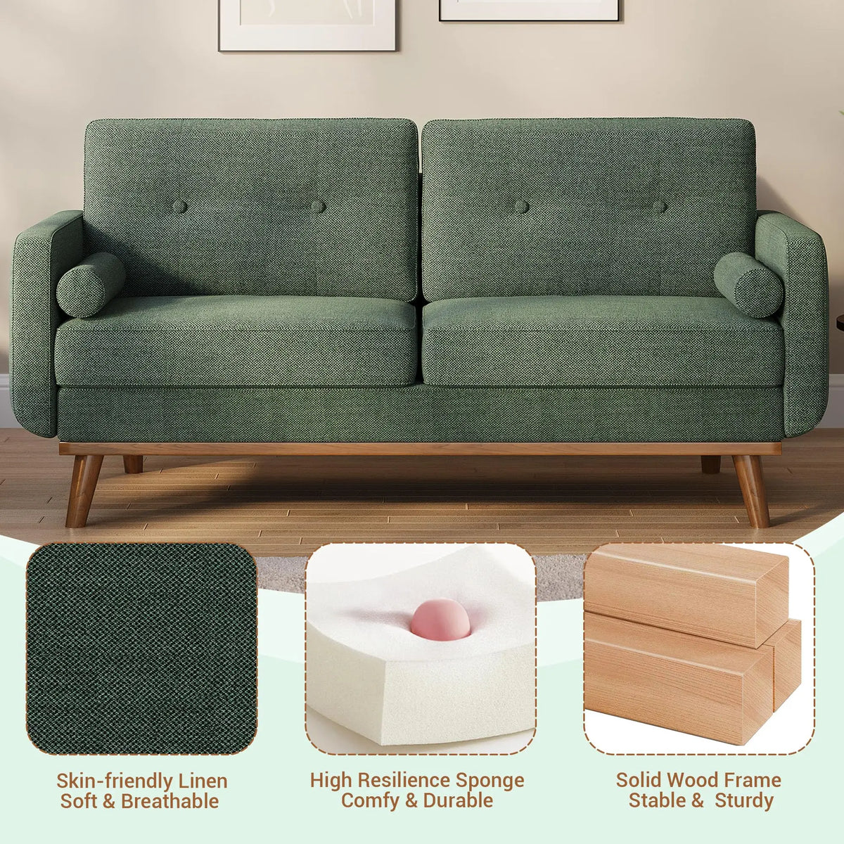 Ellington Collection | Leather-Wrapped Walnut Loveseat - styled from an alternate angle revealing dimensional depth in a Mid-Century Modern living room setting.