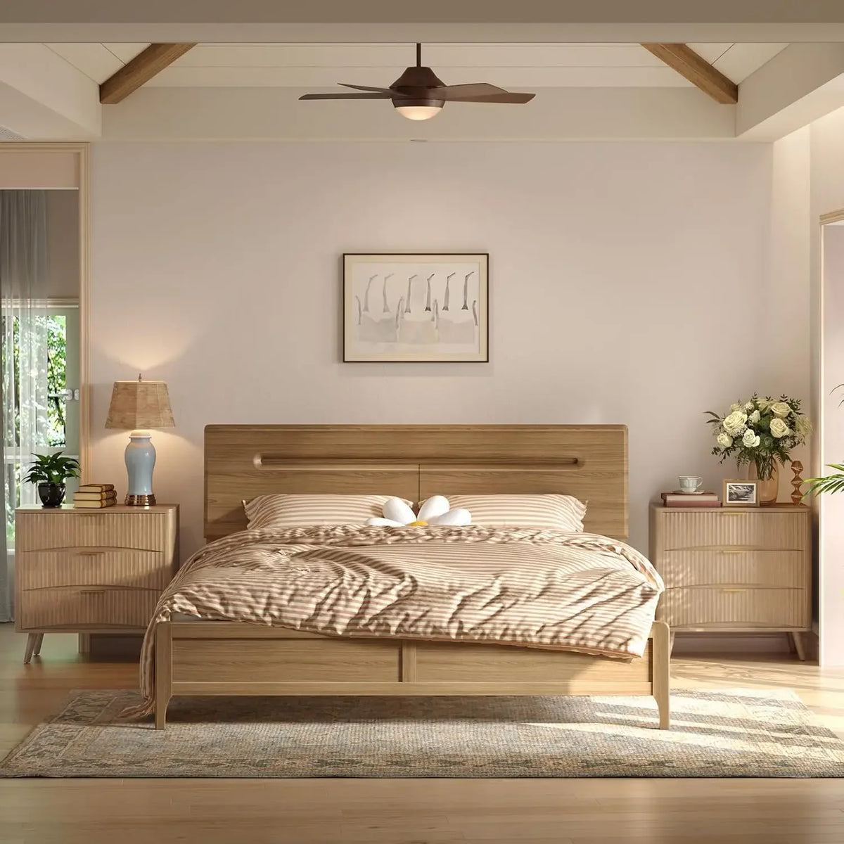 Ellington Collection | Fluted Atomic-Era Fluted Oak - styled from an alternate angle revealing dimensional depth in a Mid-Century Modern living room setting.
