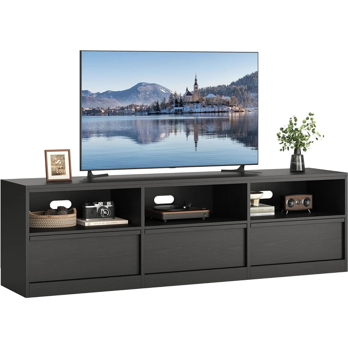 Belmont Collection | Geometric California Reclaimed Walnut Media Console - showcasing form and function in daily use context in a Mid-Century Modern entryway setting.