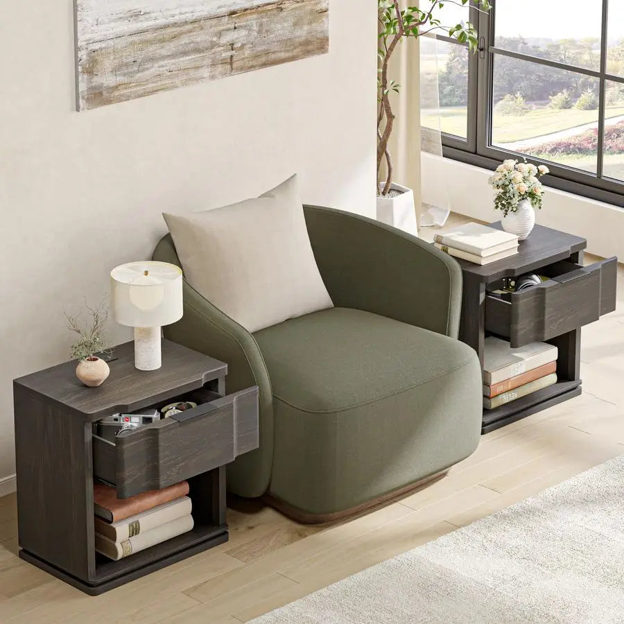 Ellington Collection | Tapered-Leg Brass-Accented Curved Walnut Nightstand - showcasing full sculptural form and curated finish in a Mid-Century Modern bedroom setting.