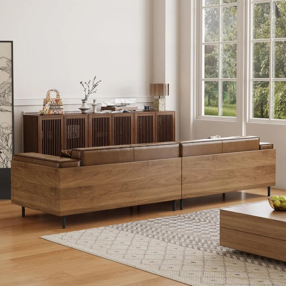 Ellington Collection | Floating Leather-Wrapped Full-Grain Leather & Walnut Lounge Chair - revealing tonal warmth and surface patina under ambient light in a Mid-Century Modern living room setting.