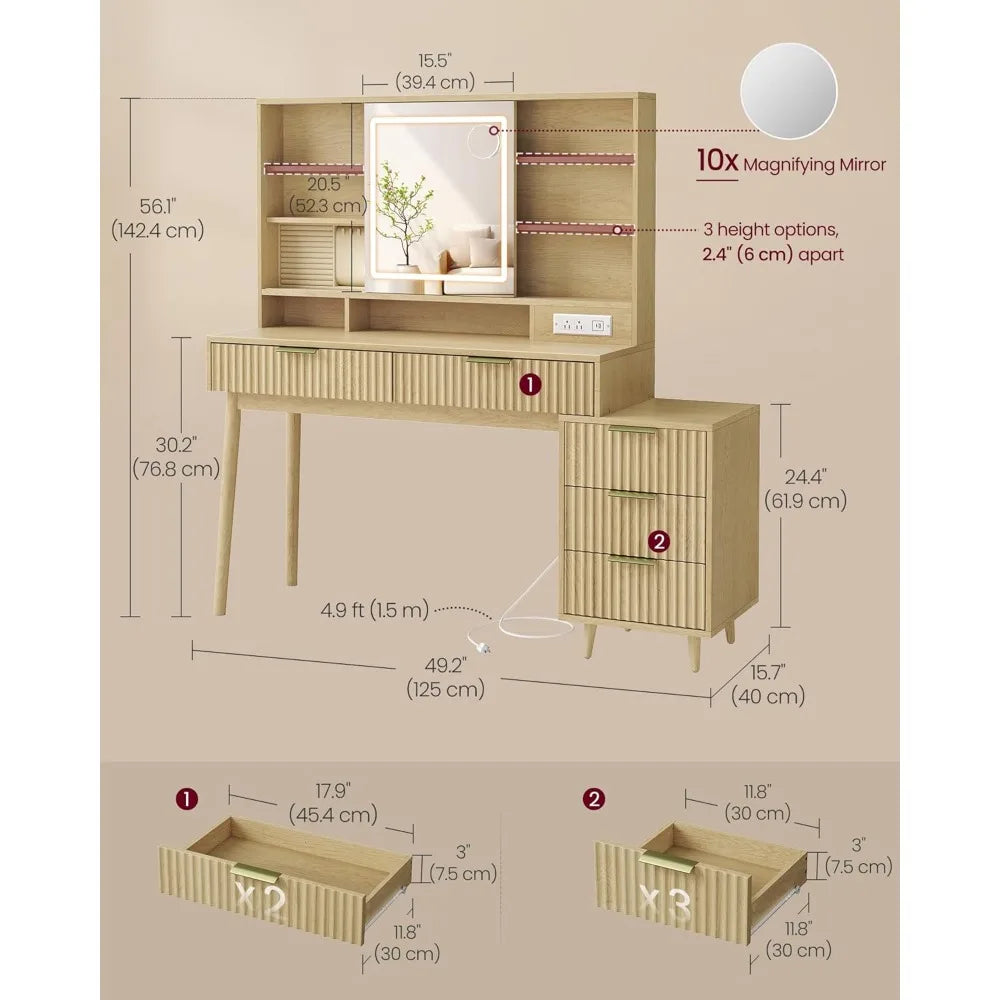 Elegant Mid-Century Modern Vanity Desk with Sliding Mirror & Integrated Lighting