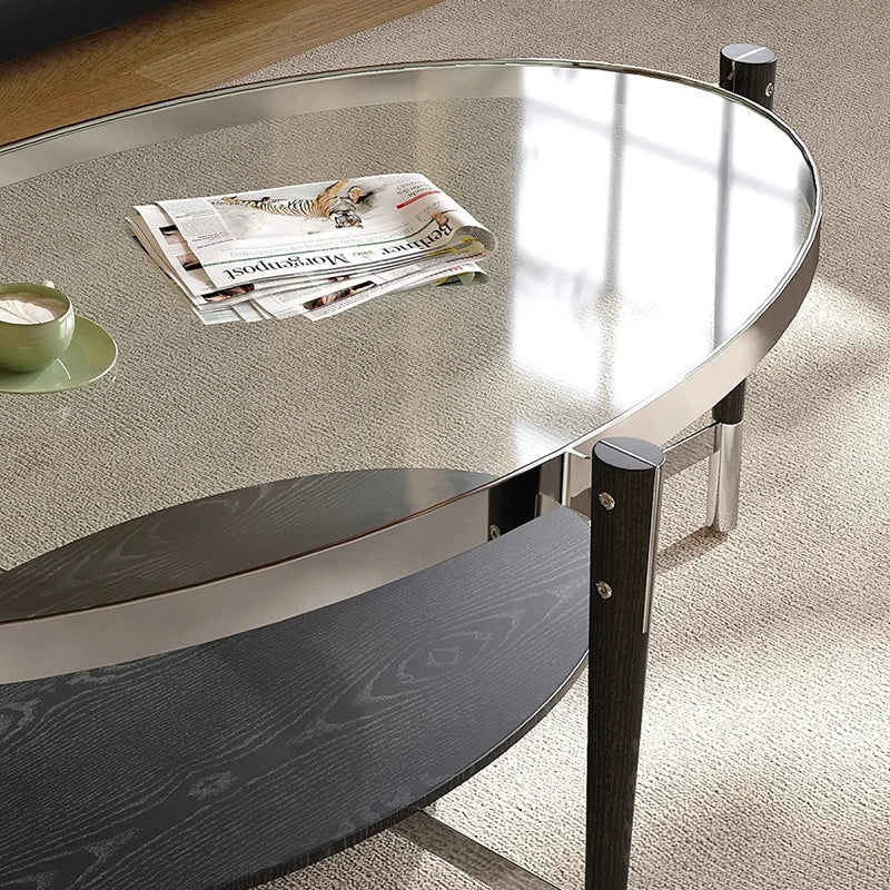 Dresden Collection | Geometric Glass-Top Tempered Glass Coffee Table - revealing tonal warmth and surface patina under ambient light in a Mid-Century Modern living room setting.
