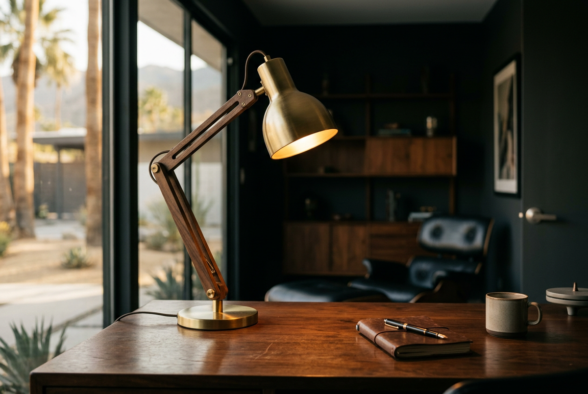 Mid-Century Walnut & Brass Desk Lamp | Grasshopper Light
