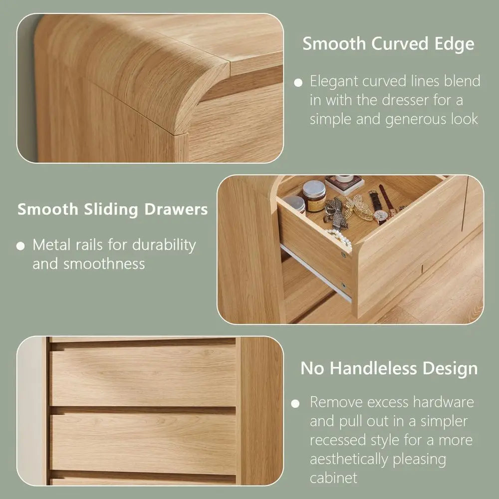 Dresden Collection | Sculptural Curved Curved Oak Dresser - highlighting material texture and craftsmanship detail in a Mid-Century Modern bedroom setting.