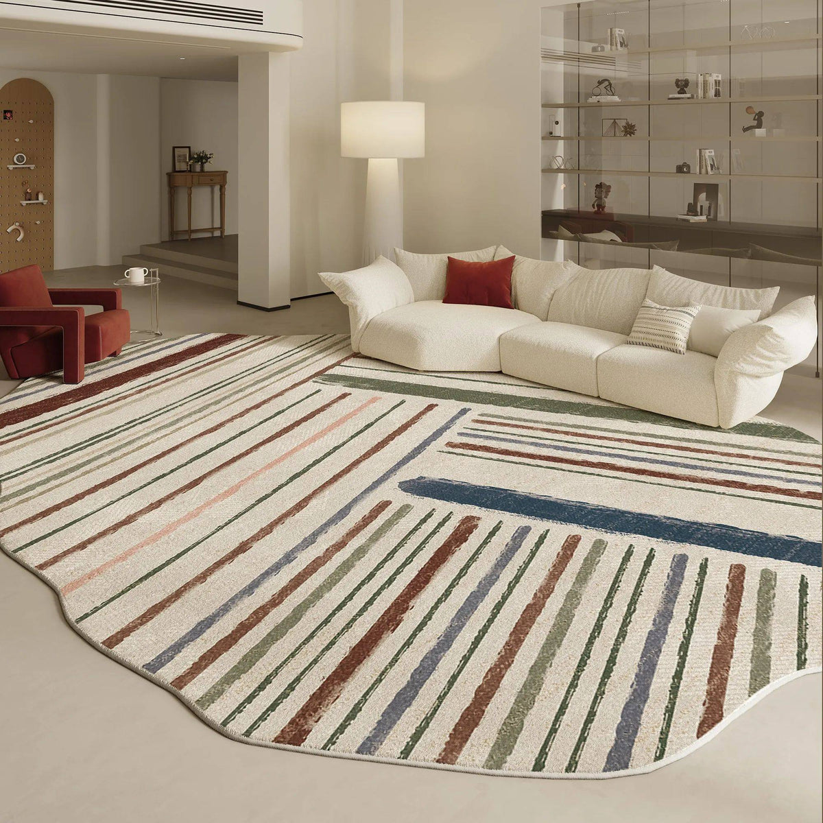 Fontaine Collection | Geometric Atomic-Era Irregular-Form Carpet - detail view 15 revealing design nuance in a Mid-Century Modern living room setting.