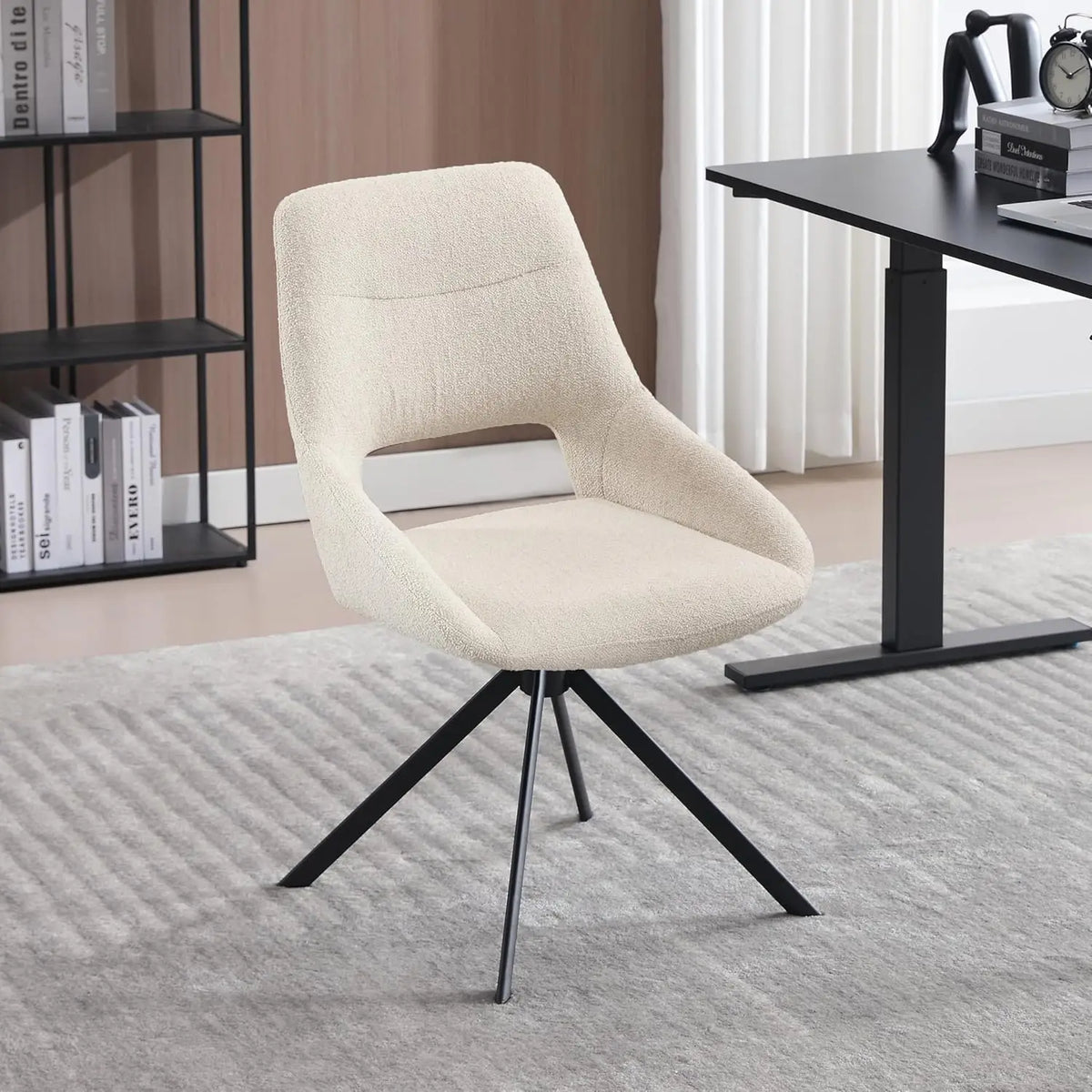 Ellington Collection | Sculptural Leather-Wrapped Swivel in Cognac Faux Leather - highlighting material texture and craftsmanship detail in a Mid-Century Modern living room setting.