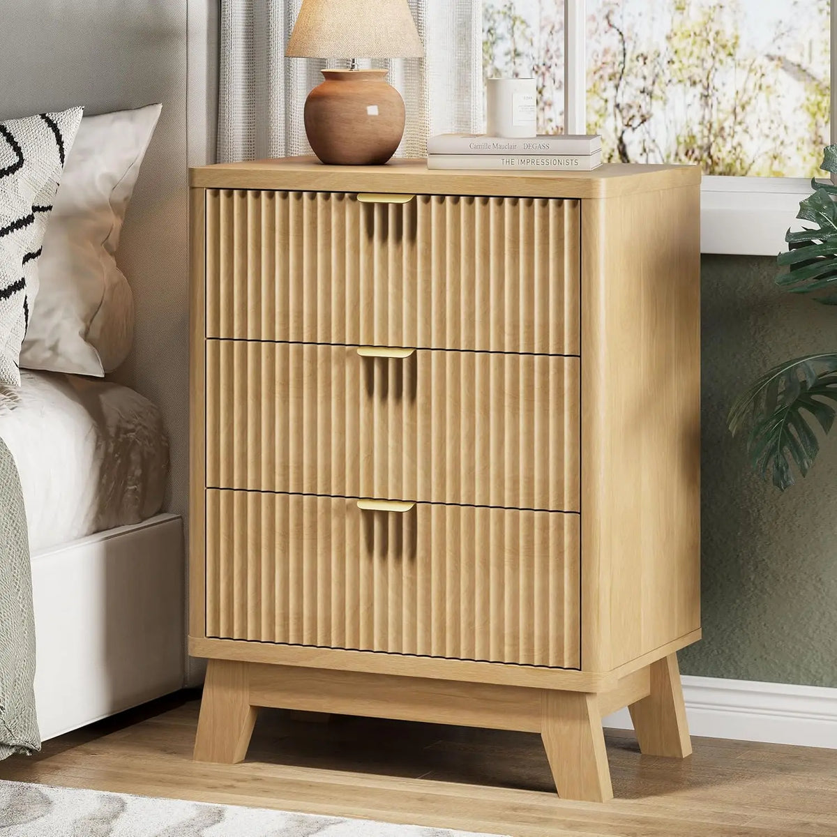 Astoria Collection | Fluted Brass-Accented Fluted Walnut Nightstand - framed in an editorial still-life composition in a Mid-Century Modern bedroom setting.
