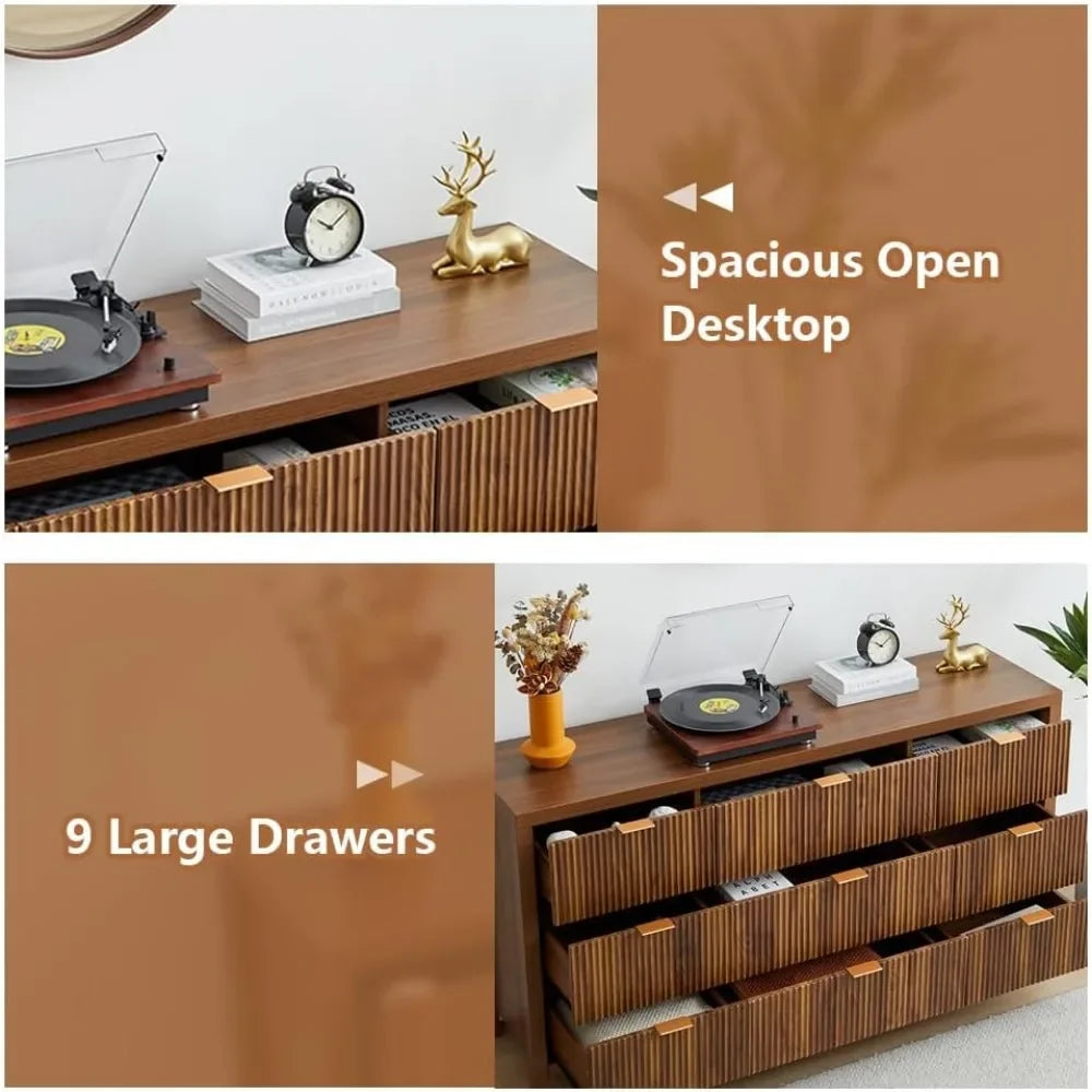 Belmont Collection | Tapered-Leg Brass-Accented Walnut & Brass Dresser - revealing tonal warmth and surface patina under ambient light in a Mid-Century Modern bedroom setting.