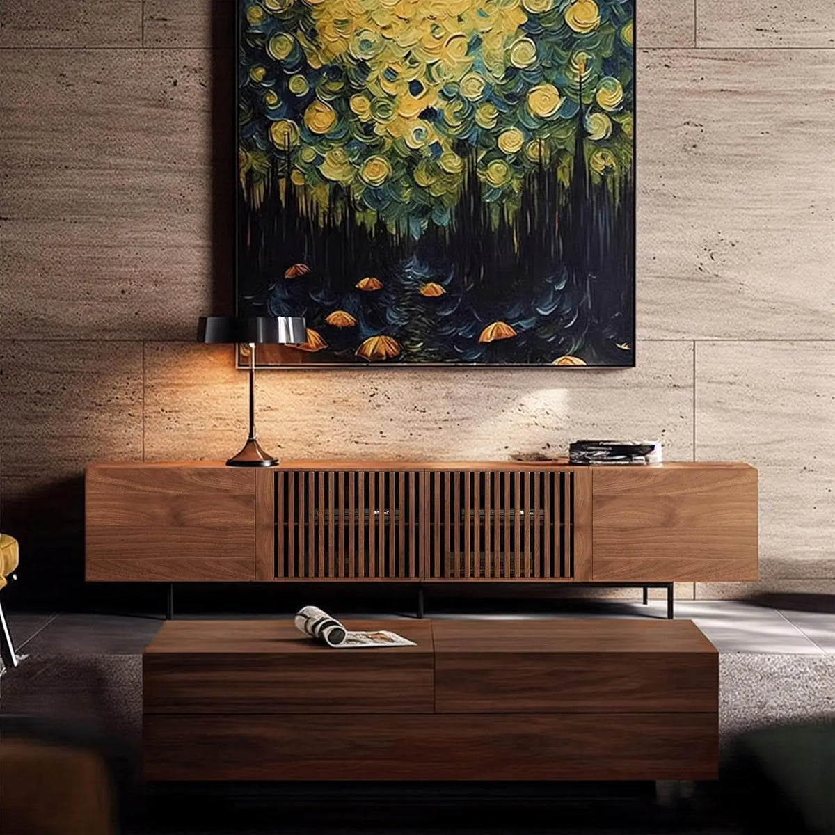 Dresden Collection | Tapered-Leg Atomic-Era Walnut Console - featuring close-up joinery and artisanal finish quality in a Mid-Century Modern entryway setting.