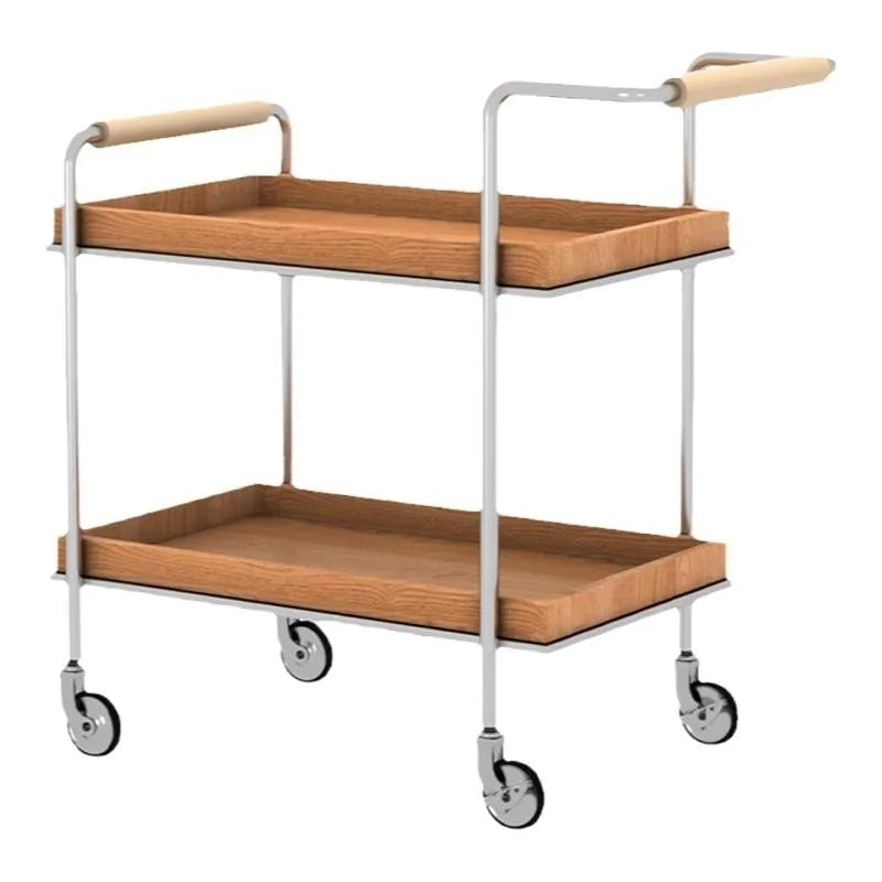 Belmont Collection | Geometric Atomic-Era Solid Walnut Rolling Tea Cart - styled from an alternate angle revealing dimensional depth in a Mid-Century Modern living room setting.